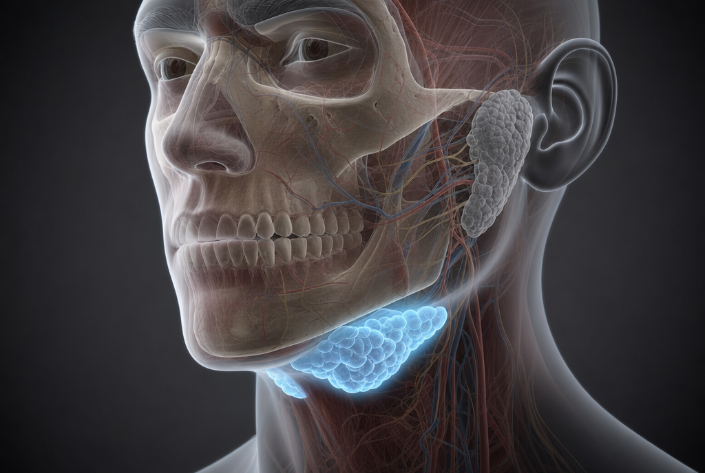 Two gland groups, two jobs. Only the one under the jaw is working while you sleep.