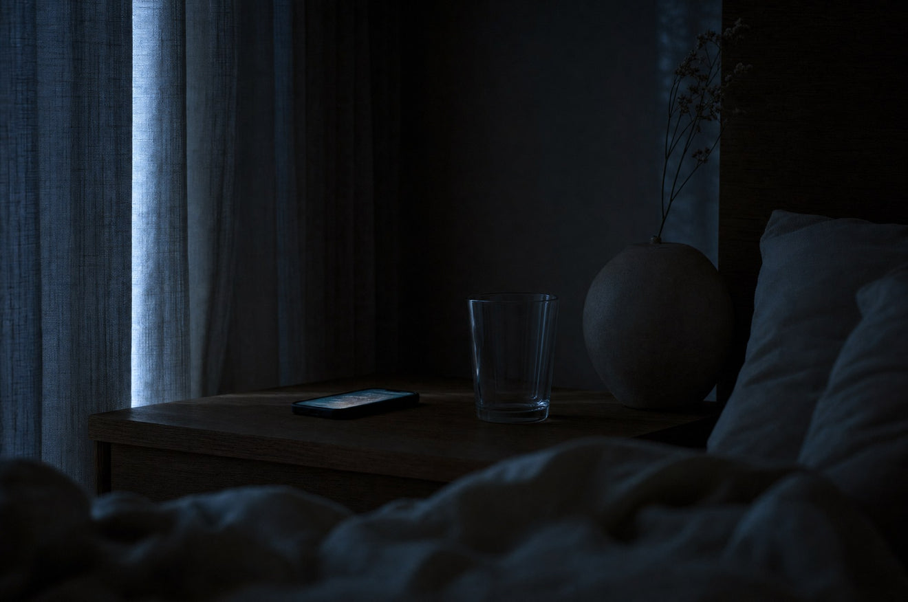 A nightstand at 3 a.m. — a glass of water in the dark